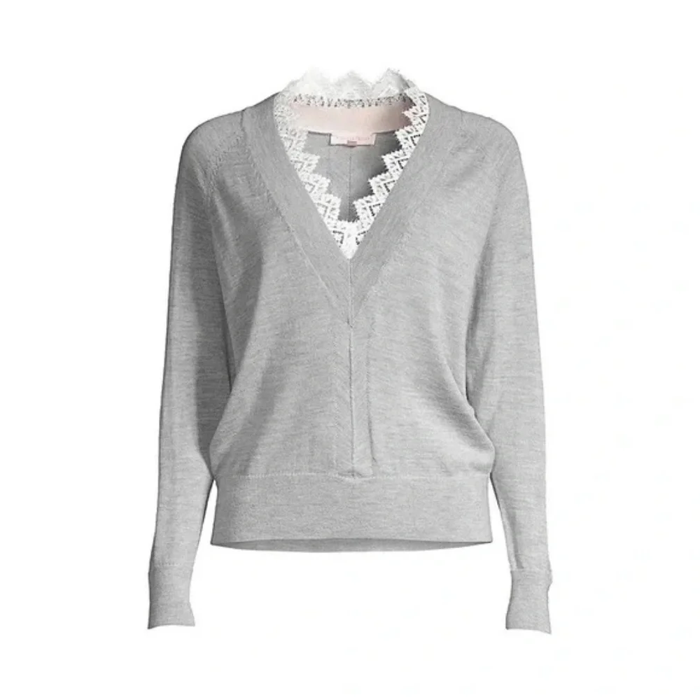 REBECCA TAYLOR Grey Lace Combo Pullover